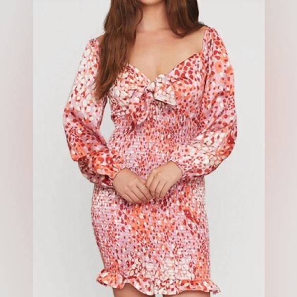 Lost + Wander Smocked Mini Dress XS – Pink Red Abstract Print with Front Bow - Picture 1 of 10